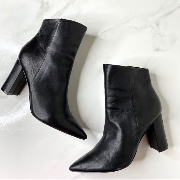 black pointed toe block heel boots